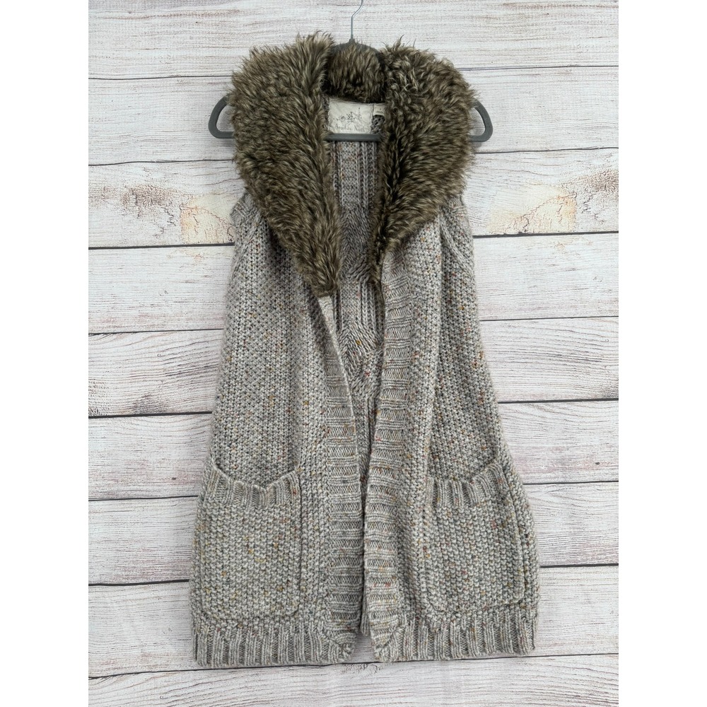 Angel of the North Sweater Vest Womens Small Gray Faux Fur Cable Knit Long